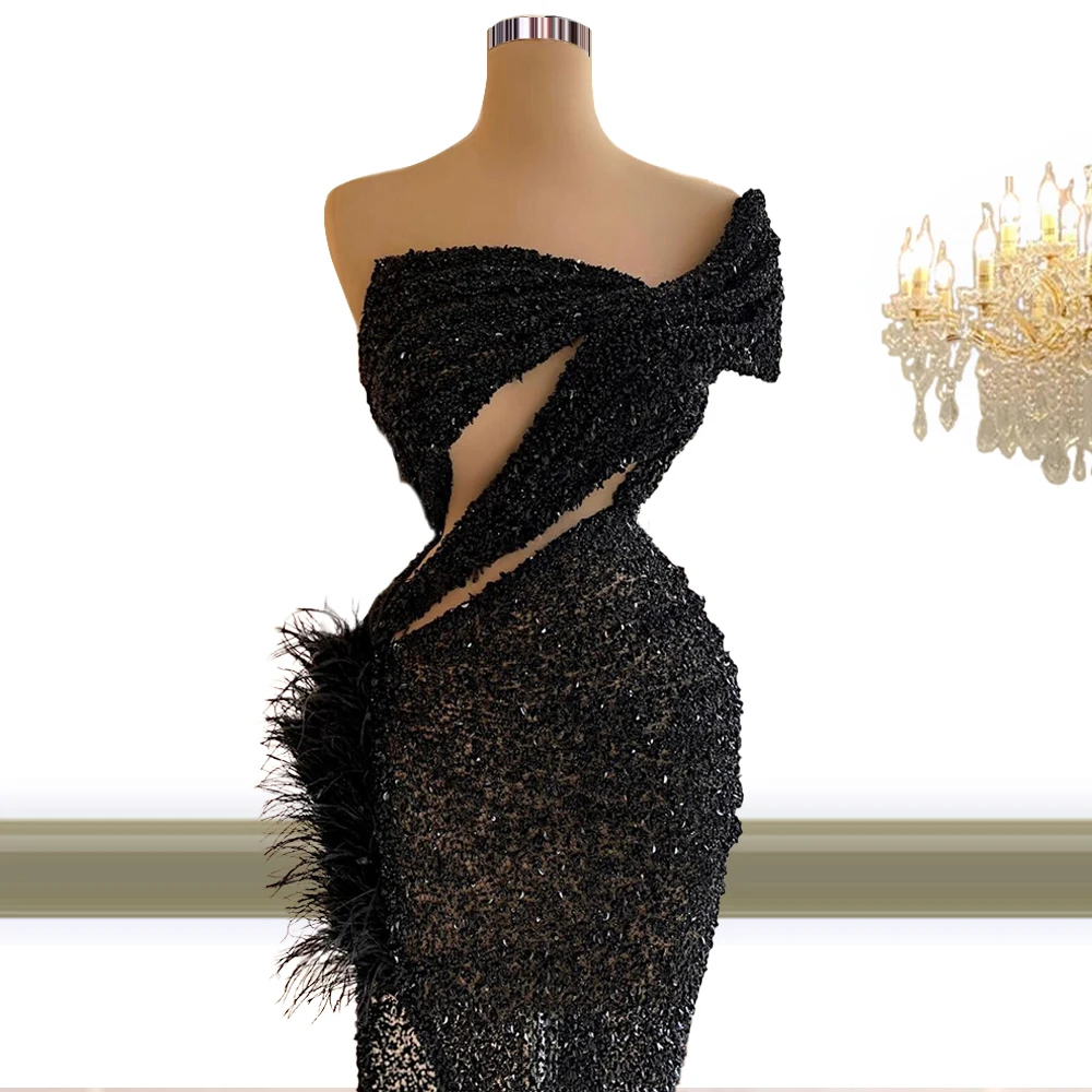 Black High Split Celebrity Dress Formal Gowns African Dubai Arabic Feather Party Gala Ceremony Dresses Gowns CXF287