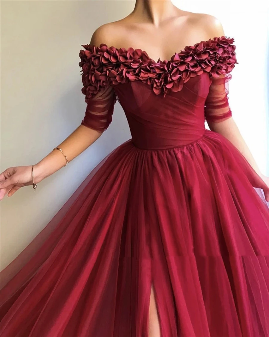 Vestido de fiesta elegante con media manga y hombros descubiertos para mujer, vestido de noche fruncido de tul Burdundy con abertura lateral y flores hechas a mano