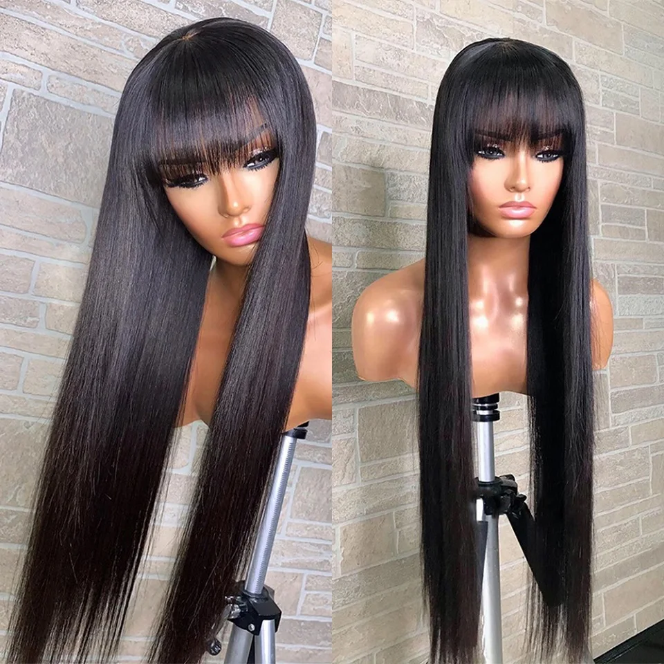 32 34 Inch Straight Human Hair Fringe Wig With Bangs Remy Brazilian Human Hair Machine Made Wig For Women Glueless Wig