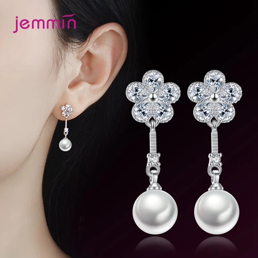 White Pearls Eardrop 925 Sterling Silver Hanging Drop Earrings For Women Bridal Wedding Cubic Zircon Tassel Jewelry