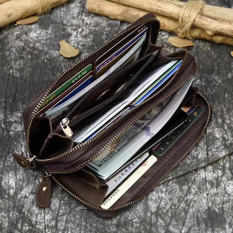 Retro Crazy Horse Leather Purse for Men Clutch Purse Double Zipper 24 Cards Clutches Vintage Woman Genuine Leather Long Wallet