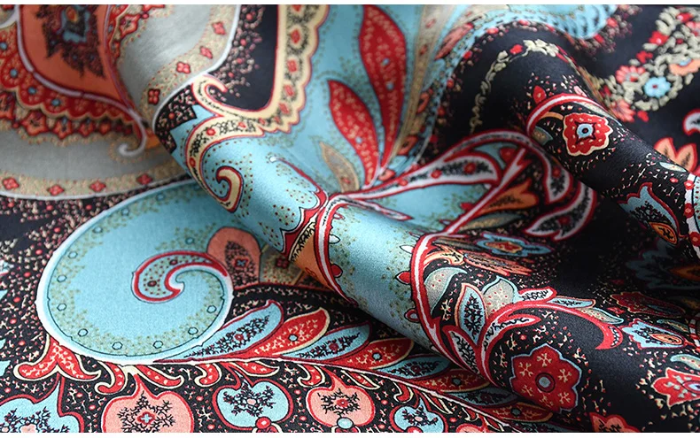 Peacock Blue Natural Satin Silk Scarf 110cm Big Square Bandana Printed 100% Pure Silk Scarves Women Luxury Shawl Gift for Lady