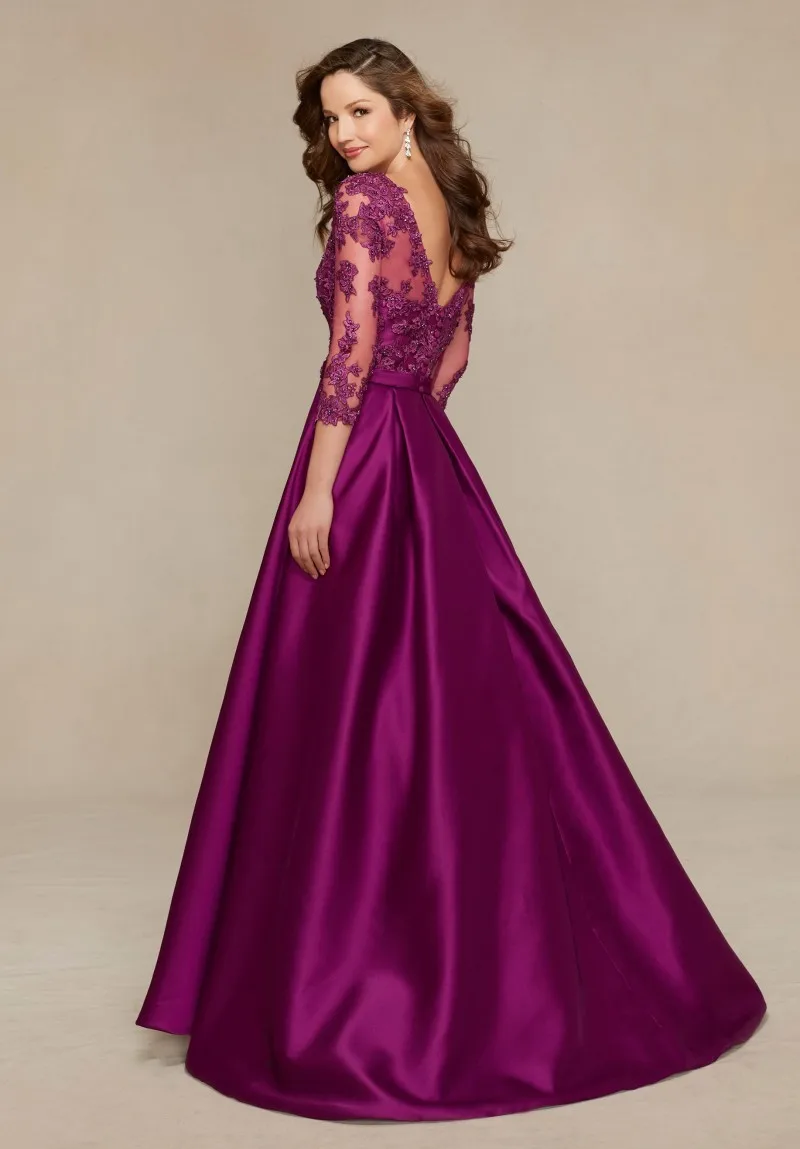 Innovative robe de soiree V Neck Plum Beige Vestid de Festa Evening gown 3/4 Sleeves Lace 2018 Mother of the Bride Dresses