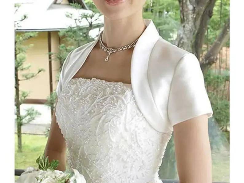 Manga curta Cetim Casaco De Casamento, Custom Made Cor, Tamanho Bolero Nupcial com Colarinho, Capa Noiva Feminino, Casamento Shrug, 2023