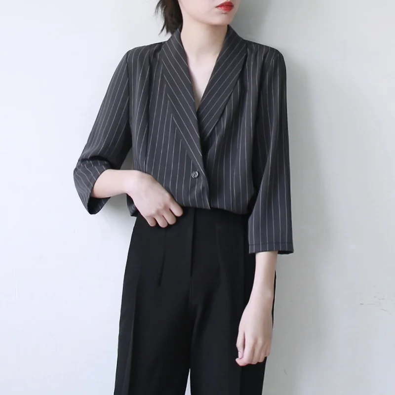 Woman Blouse 2019 Spring Summer Korean Office Wear Coat Striped Blazer Three Quarter Sleeve Chiffon Thin Suit Jacket DD2330