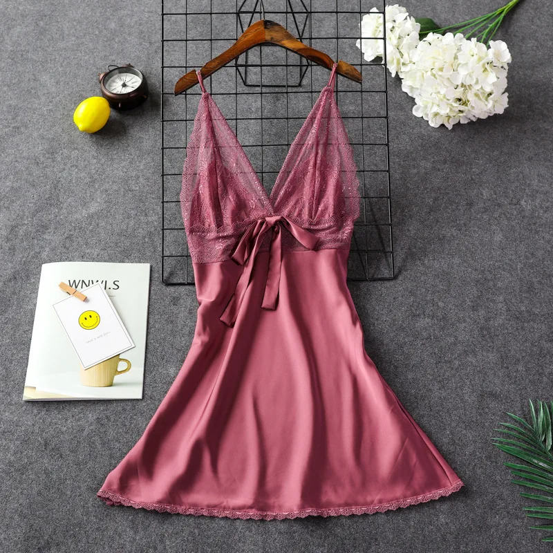 Kadınlar seksi ipek saten gece elbisesi kolsuz gecelik dantel uyku elbise v yaka Nighties gece gömlek moda pijama kıyafeti