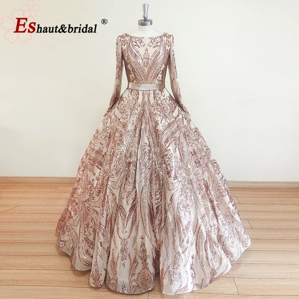 Luxury Sequin Quinceanera Evening Night Dresses for Women 2023 Long Sleeves Boat Neck Plus Size Formal Wedding Prom Party Gowns