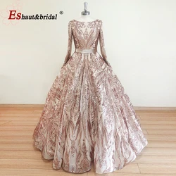 Luxury Sequin Quinceanera Evening Dress for Women 2024 Long Sleeves Boat Neck Long Formal Wedding Prom Party Gown Customized