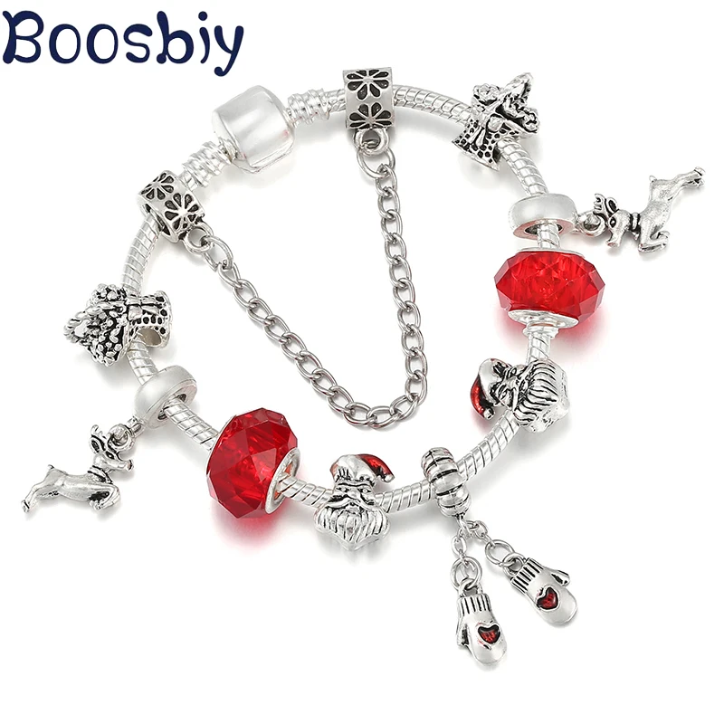 Nowy projekt koraliki Świętego Mikołaja pasują do bransoletki w stylu europejskim z rękawiczkami wisiorki z łosiem dla kobiet dzieci świąteczna biżuteria na prezent