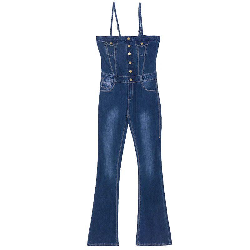 TIYIHAILEY Free Shipping Fashion Summer Denim Bib Pants High Waist Boot Cut Spaghetti Strap Jumpsuit For Tall Women size 24-30