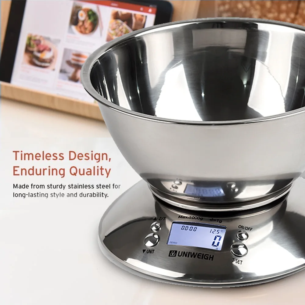 

Digital Kitchen Scale High Accuracy 11lb/5kg Food Scale with Removable Bowl Room Temperature, Alarm Timer Stainless Steel Libra