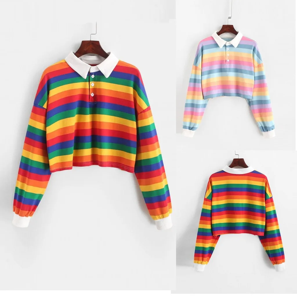 Color Long Sleeve Shirt Womens Stripe Button Long Sleeve Pullover Hoodies Rainbow Cotton Blend Soft Sweatshirt Худи Женский 2021