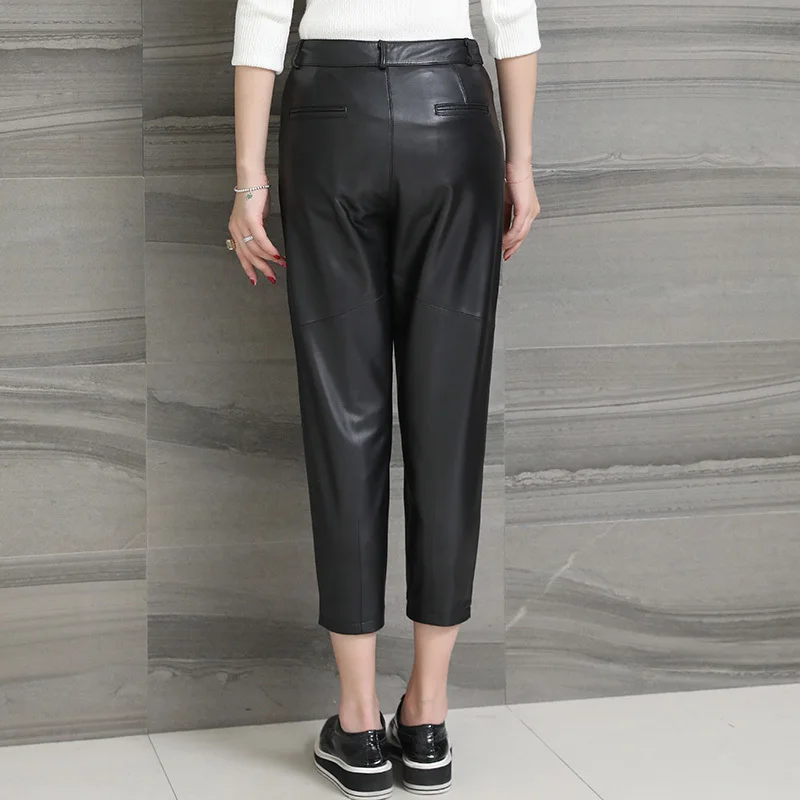 

Real Sheepskin Black Pants Women Plus Size Trousers Streetwear Genuine Leather Pants Ladies Casual Pantalon Femme LWL1607