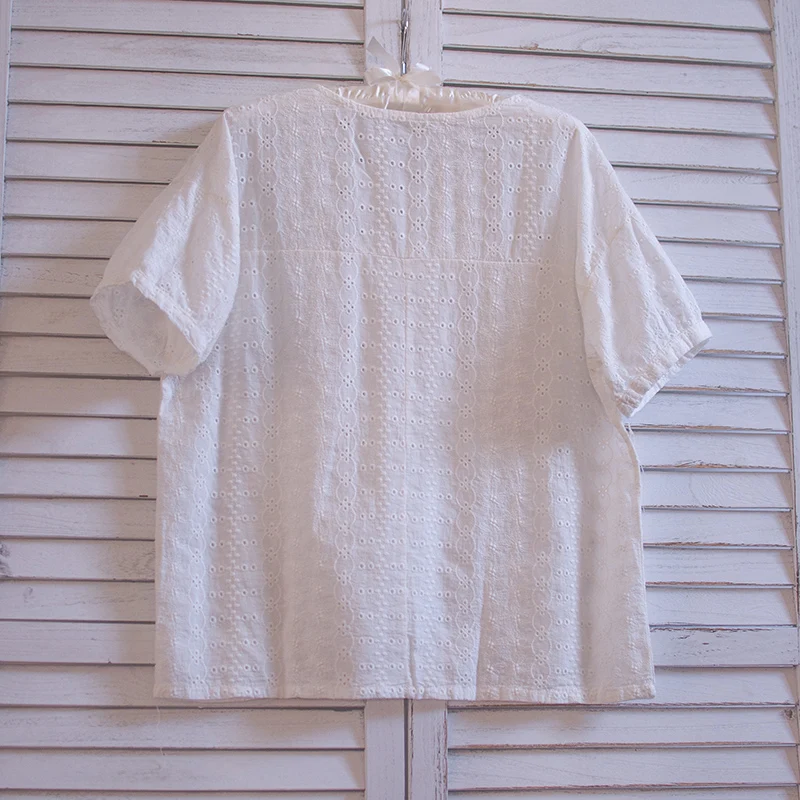 TIYIHAILEY Free Shipping 2020 Summer New Cotton Tops For Women Short Sleeve O-neck Embroidery Tees Thin Soft White Japan Style