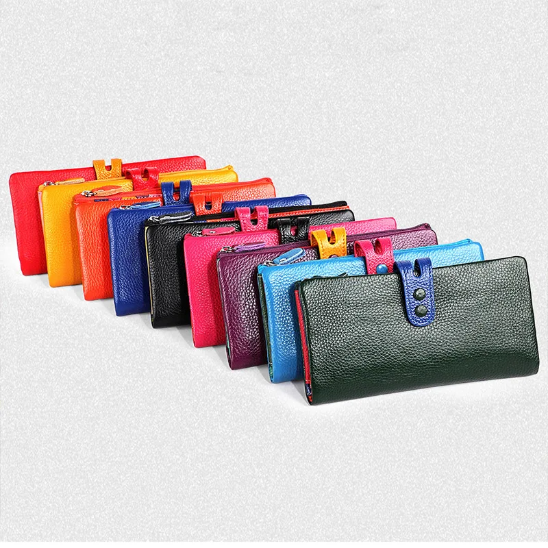 CICICUFF-Portefeuille en cuir véritable pour femme, pochette longue pour femme, sac à main avec poche zippée, porte-téléphone coloré, porte-monnaie