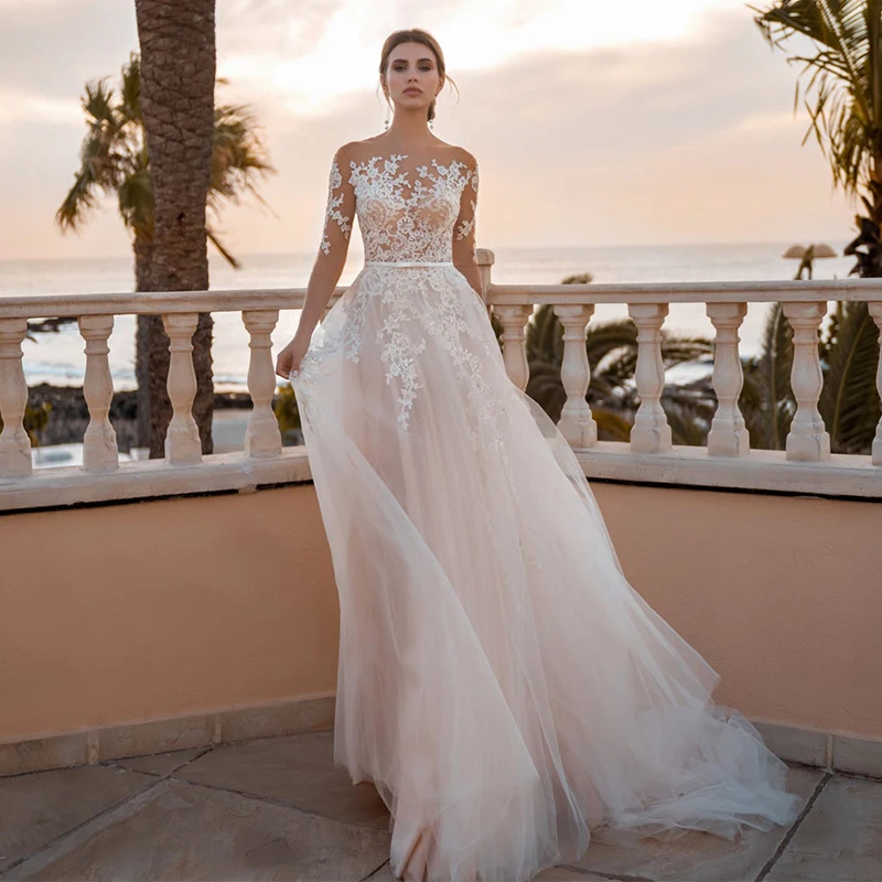 SoDigne-vestidos de novia bohemios rosas, apliques de encaje de línea A, vestido de novia de manga larga con cinturón, vestido de fiesta de boda