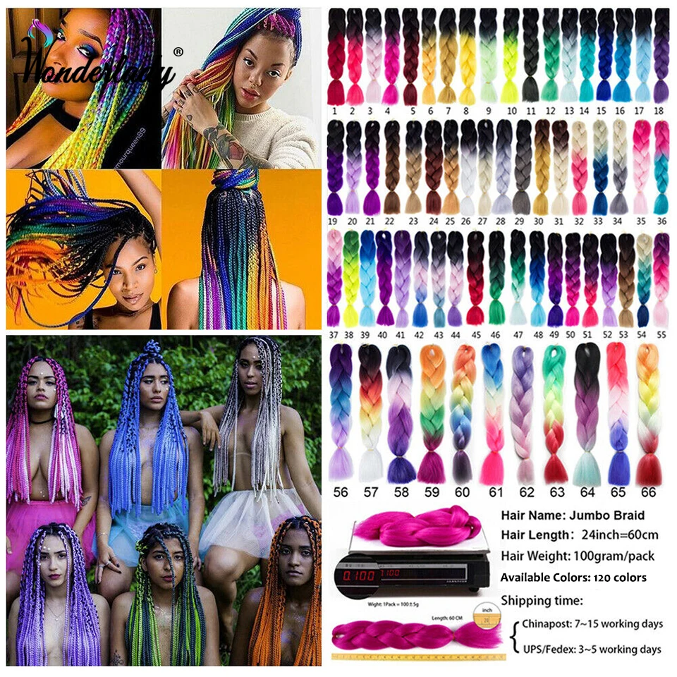 WonderLady 100G 120 Colors Synthetic Braiding Hair Extensions Packs Ombre Braiding Hair For Women Wholesale 24