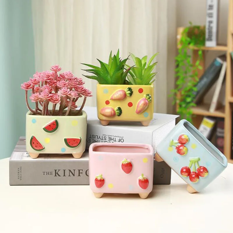 Korean Style Rectangle Succulent Plant Pot Balcony Decor Relief Fruit Pattern Flowerpot Handmade Ceramic Crafts Home Garden