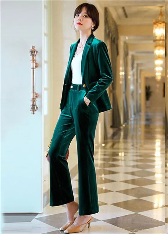 

2 PCs Velvet Business Pantsuits Notch Lapel Women Suit Green Office Formal Ladies Work Wear Blazer Outfit Pantsuit Custom Made