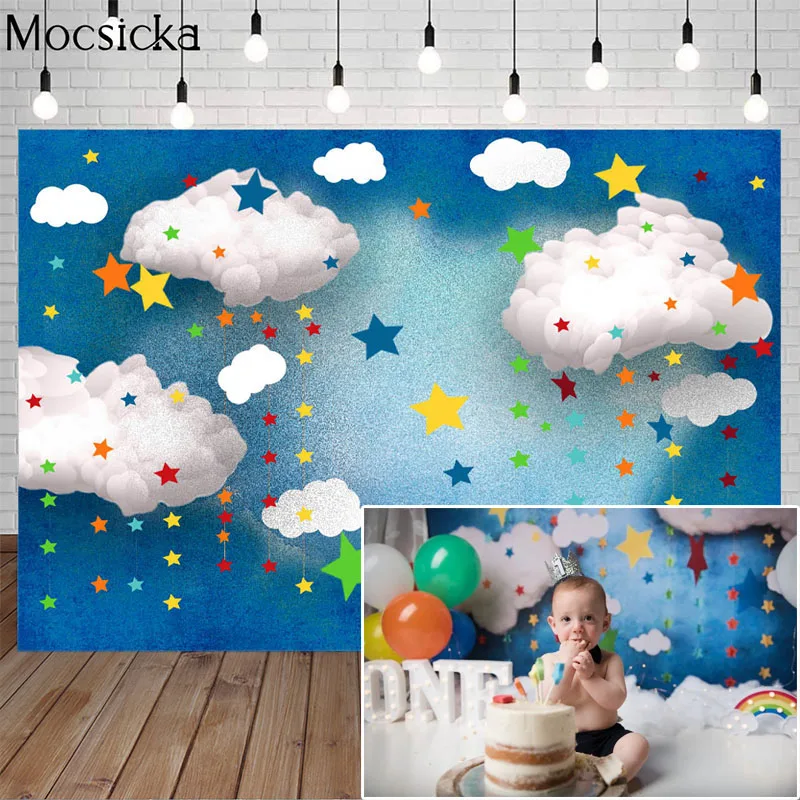 Mocsicka Blue Sky White Clouds Photography Background Newborn Colorful Stars Backdrop Children Portrait Decoration Props Studio