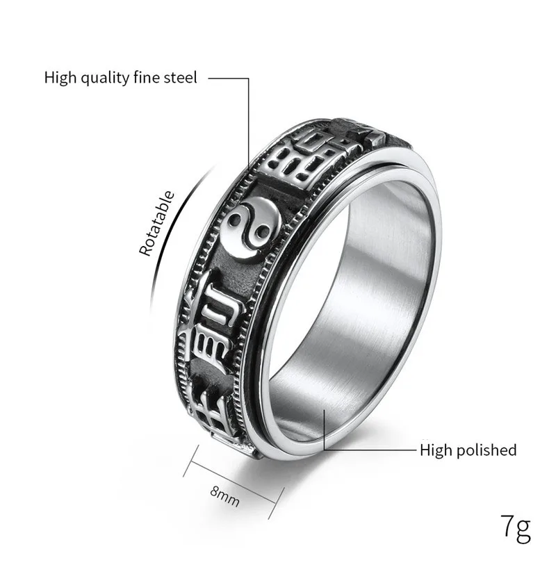 8MM RetroTaoist Nine-Character Mantra Rotating Ring For Men Chinese Style Stainless Steel Tai Chi Yin Yang Balance Band Jewelry