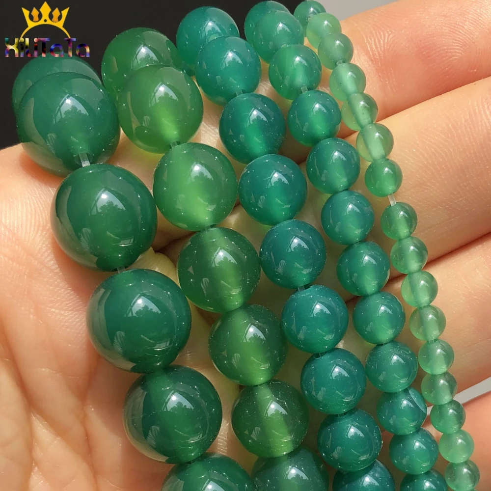 Natural Stone Smooth Green Agates Onyx Round Loose Beads For DIY Jewelry Making Bracelet Accessories 15\'\' Pick Size 6 8 10 12mm