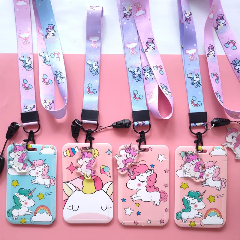 Cartoon Women unicorn ID Credit Bank Card Holder Students Bus Card Case Lanyard Child Visit Door Identity Badge Cards Cover