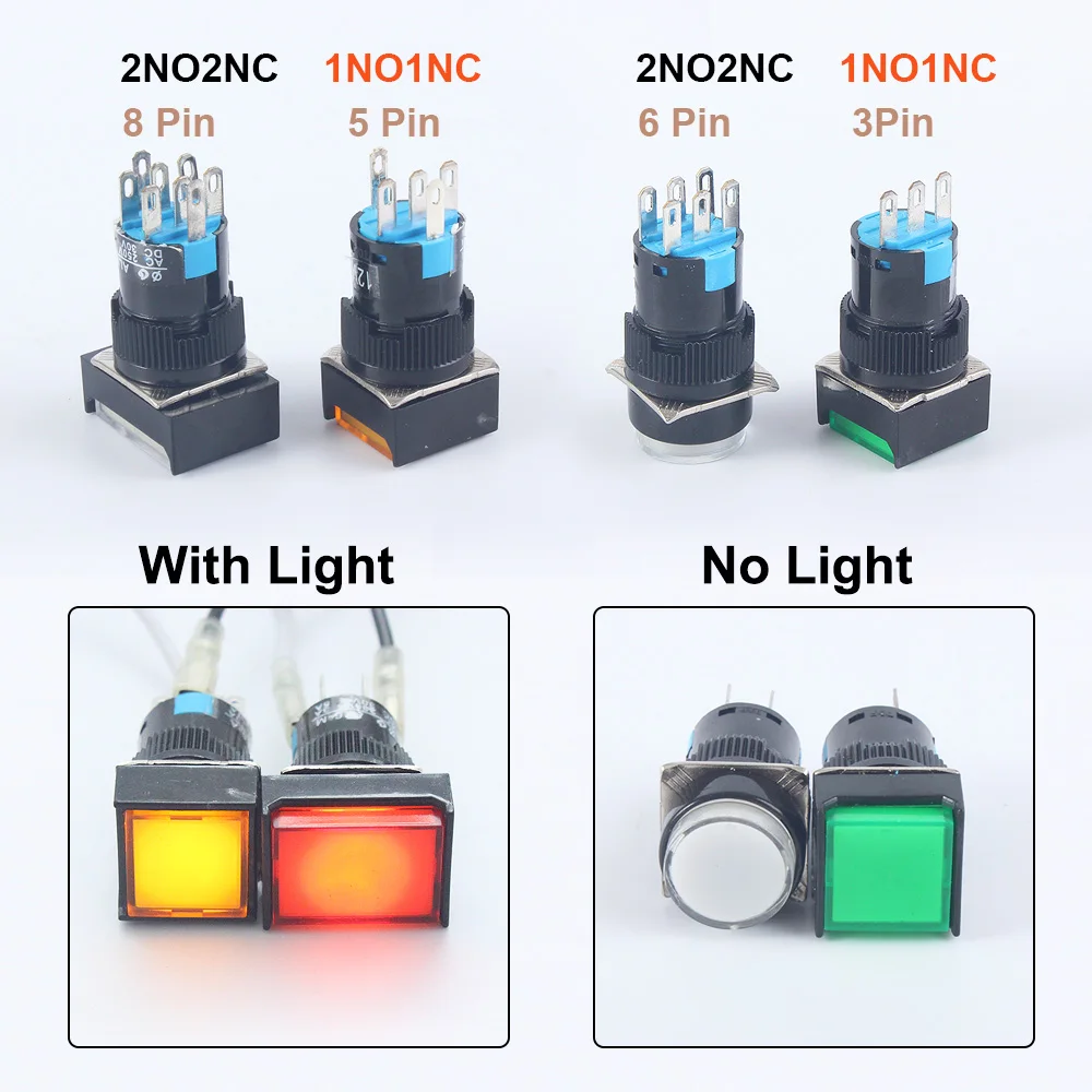 16MM 1NO1NC/2NO2NC Latching Lock Momentary Reset Plastic Push Button Switches Square Rectangle Round Head With Light No light