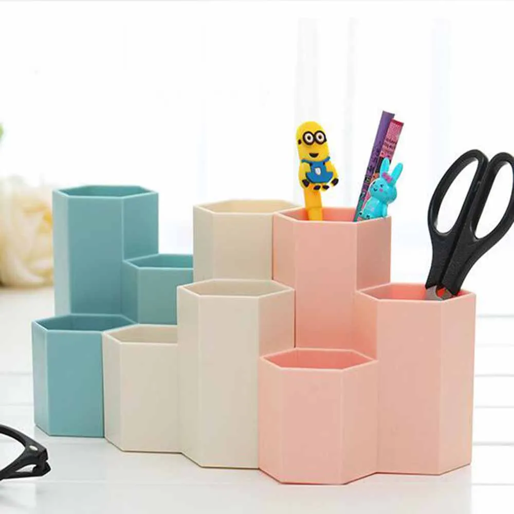 Creative Hexagon Pen Container 3 Grid Multipurpose Plastic Pencil Holder Organizer Office Students Supplies Desk Accessories