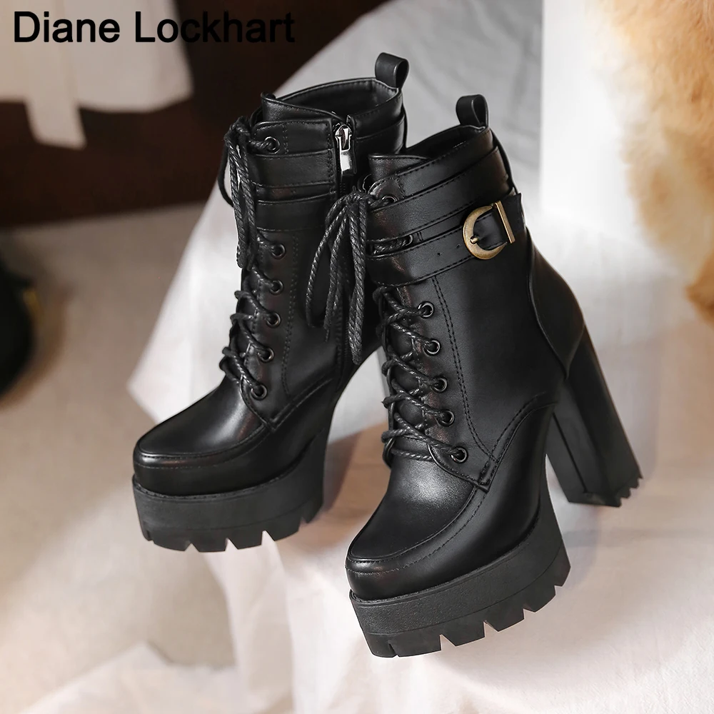 Black Platform Combat Ankle Boots For Women Round Toe Buckle Strap Woman Lace Up Shoes Winter Biker Boot Motorcycle Bottes 41 42