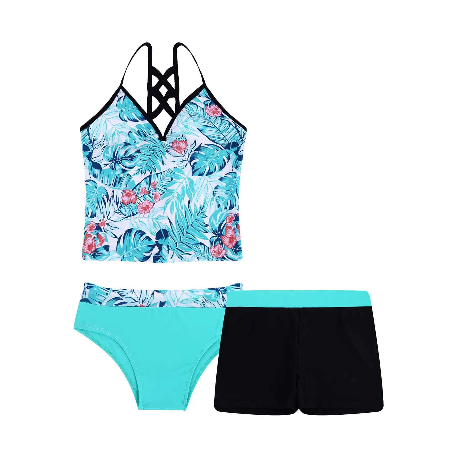 Kids Girls 3 Pieces Tankini Set Swimsuits Floral Printed Bikini Tops with Booty Shorts Bottoms Summer Swimwear Bathing Suit