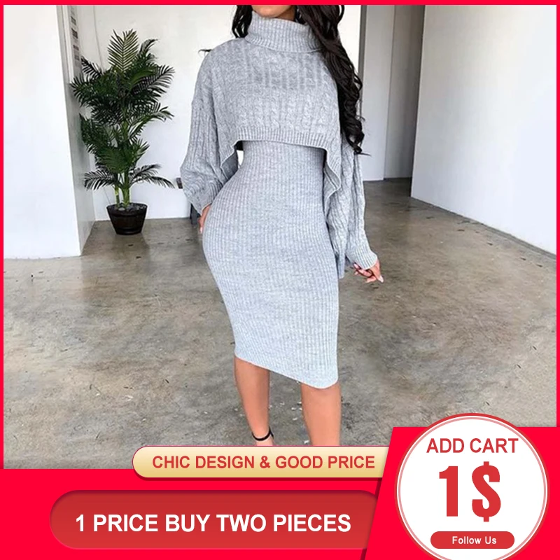 Women Winter Turtleneck Long Sleeve Sweater Dress Matching Outfit Fashion Autumn Bodycon Midi Knitted Dresses Two Piece Set Lady