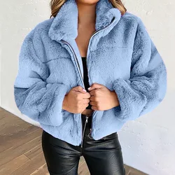 Vintage Women Warm Jacket 2022 Winter Fashion Fluffy Solid Color Turn-down Long-sleeved Plush Zipper Coat Casual Loose Outerwear