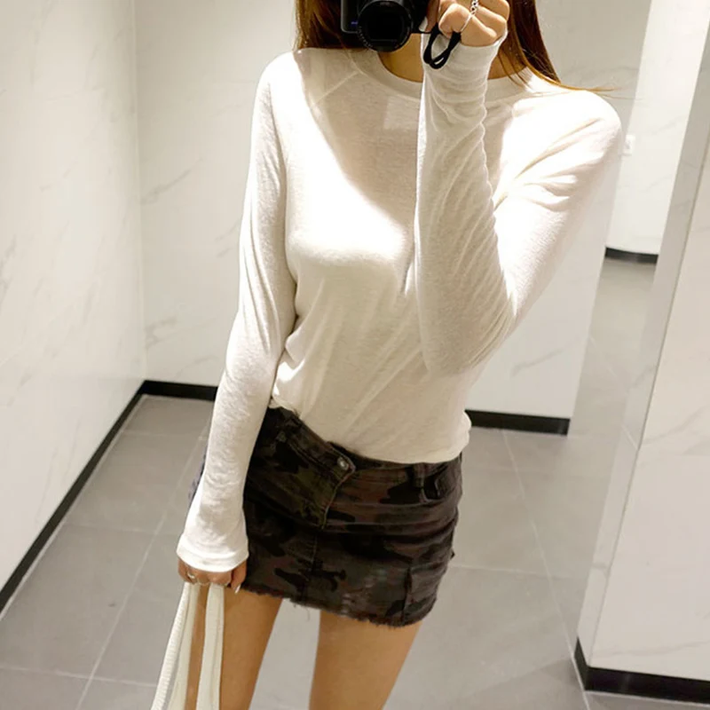 Hot Sale 2023 New Spring Summer Basic Tops Long Sleeve Loose Thin Sexy Blue T-shirt Women Fashion Solid Color Cotton Tee Femme