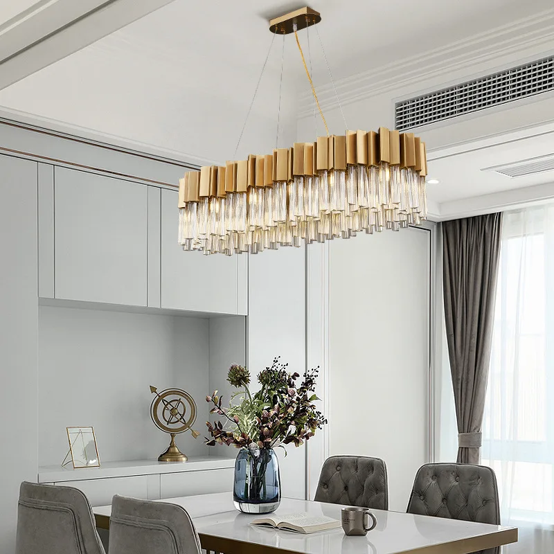 Modern Crystal Chandelier Dining Room Luxury Kitchen Island Lighting Fixture Rectangle Brushed Gold Hanging Lamps