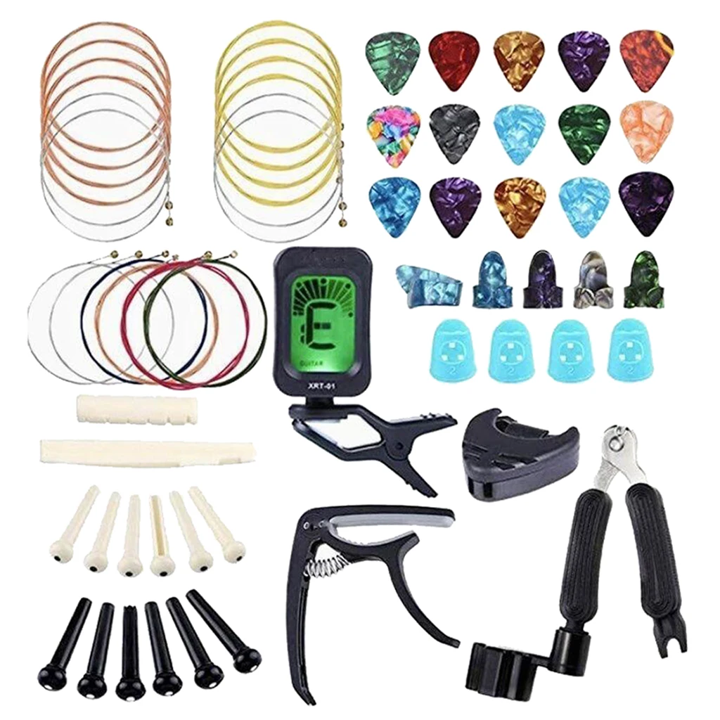 64Pcs Gitaar Snaren Veranderende Accessoire 16 Plectrums Gitaar Tuner Spelen Tool Gitaar Capo Gitaar Spelen Onderhoud Tool