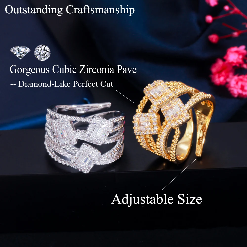 CWWZircons Multi Layered White Gold Color Cubic Zirconia Adjustable Open Rings for Women Engagement Wedding Party Jewelry R194