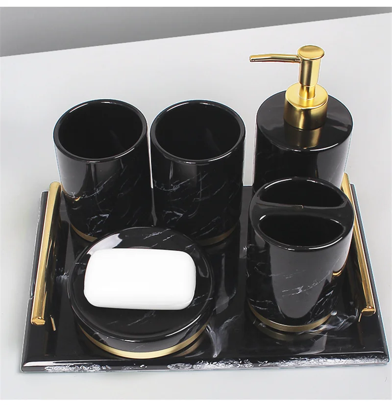 Tuqiu Ceramic Bathroom Accessories Set Soap Dispenser Toothbrush Holder Soap Holder Tray Lavatory Luxury 5-6 Pcs Set Wedding