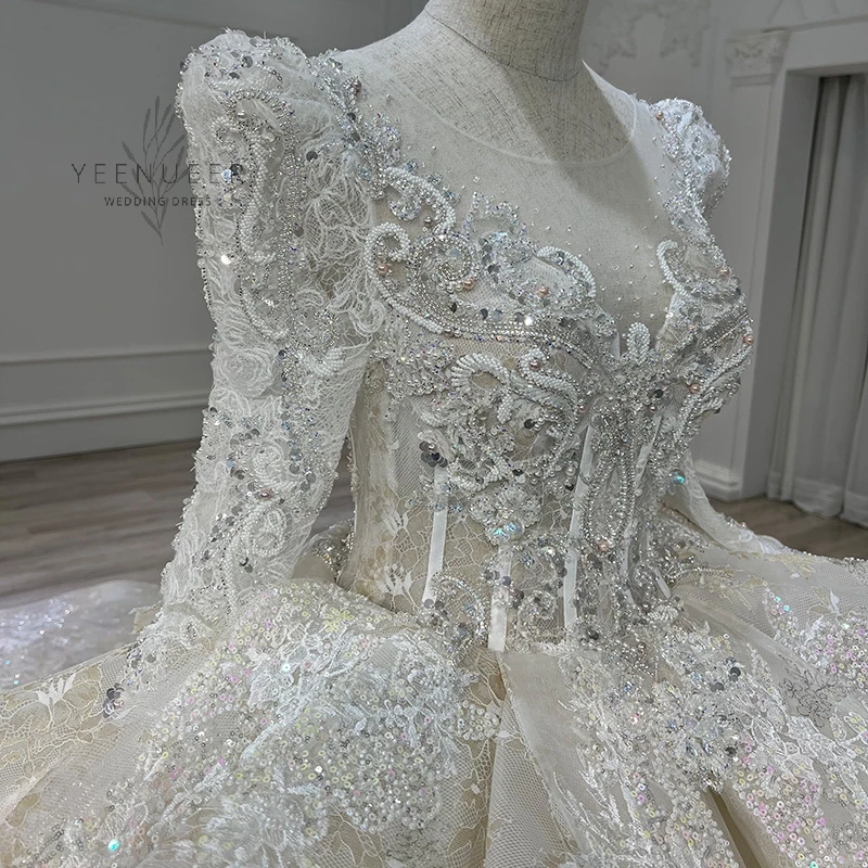 Yeenueer White Wedding Dress With Champagne Lace Full Beading Bridal Dress