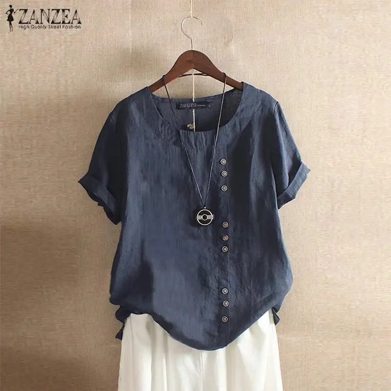 ZANZEA Women Summer O Neck Short Sleeve Cotton Linen Shirt Casual Blouse Loose Buttons Tops Femininas Blusas Work Top Chemise