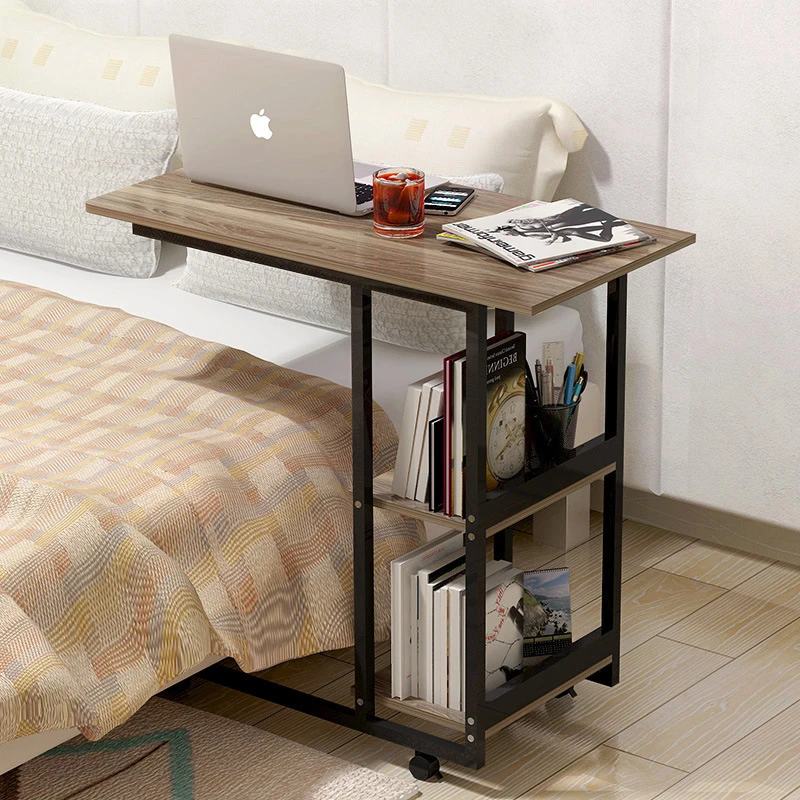 Pressboard Steel Frame Side Table Simple Lazy Movable Notebook Computer Table Small 2-Layer Mobile Laptop Desk With Pulley