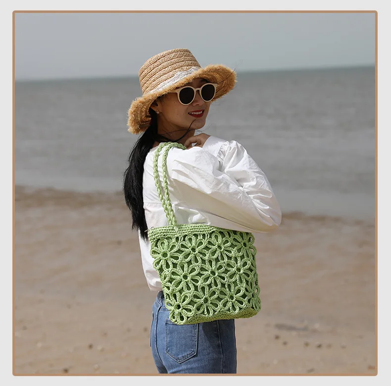 2024 nuevo bolso de paja, bolso de paja con flores huecas, bolso tejido, bolso de hombro para mujer, bolso portátil de mimbre para vacaciones en la playa