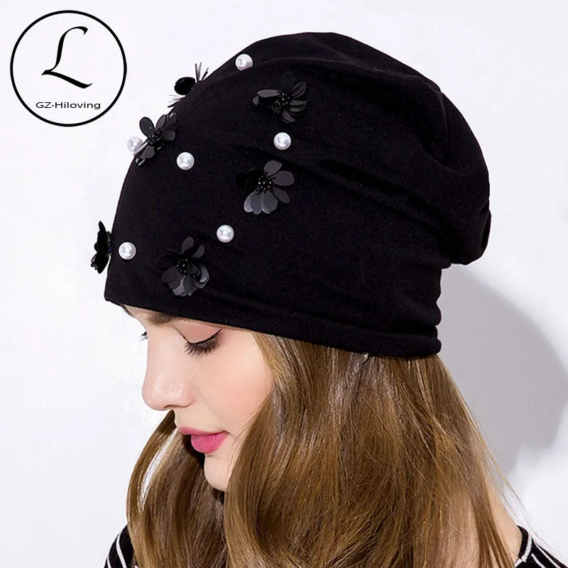 GZhilovingL Women Pearls Flower Hats Soft Spring Thin Slouch Skullies Beanies hats Caps 2020 New Ladies Girls Black Winter hats