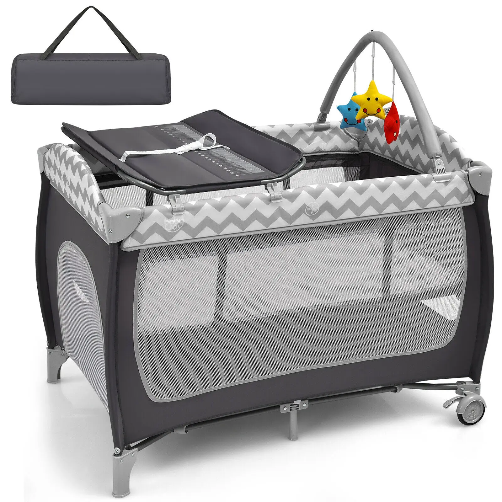 Babyjoy 3 in 1 Baby Playard Portable Infant Nursery Center w/ Zippered Door Grey