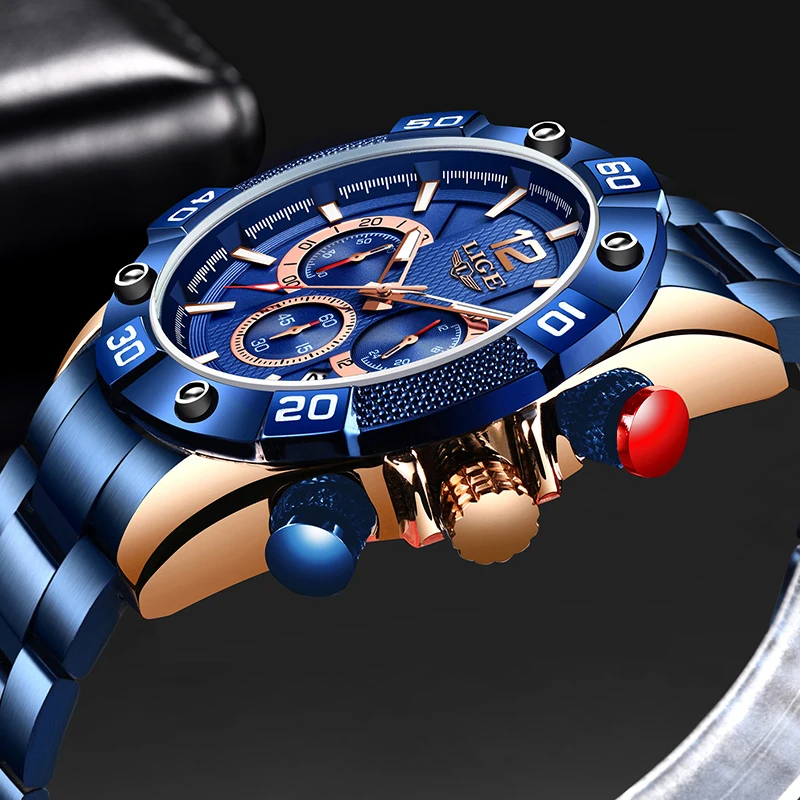 LIGE 2023 New Fashion Blue Mens Watches Top Brand Luxury Clock Sports Chronograph Waterproof Quartz Watch Men Relogio Masculino