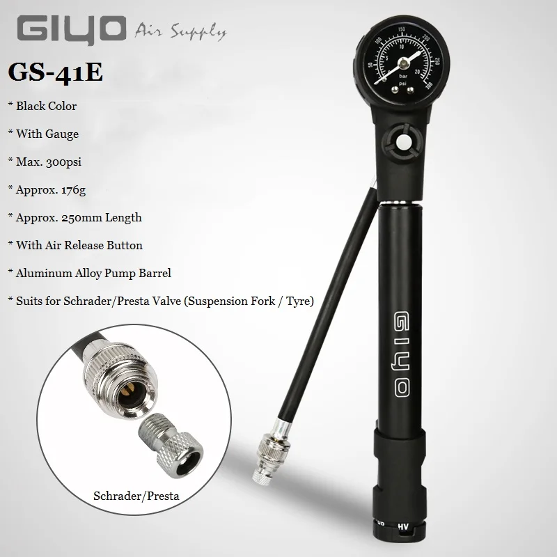 Giyo 300psi MTB Suspension Air Pump Bicycle Shock Fork Pump Bike Motor Schrader Presta Tyre Inflator Mini Gauge Tire Pumping