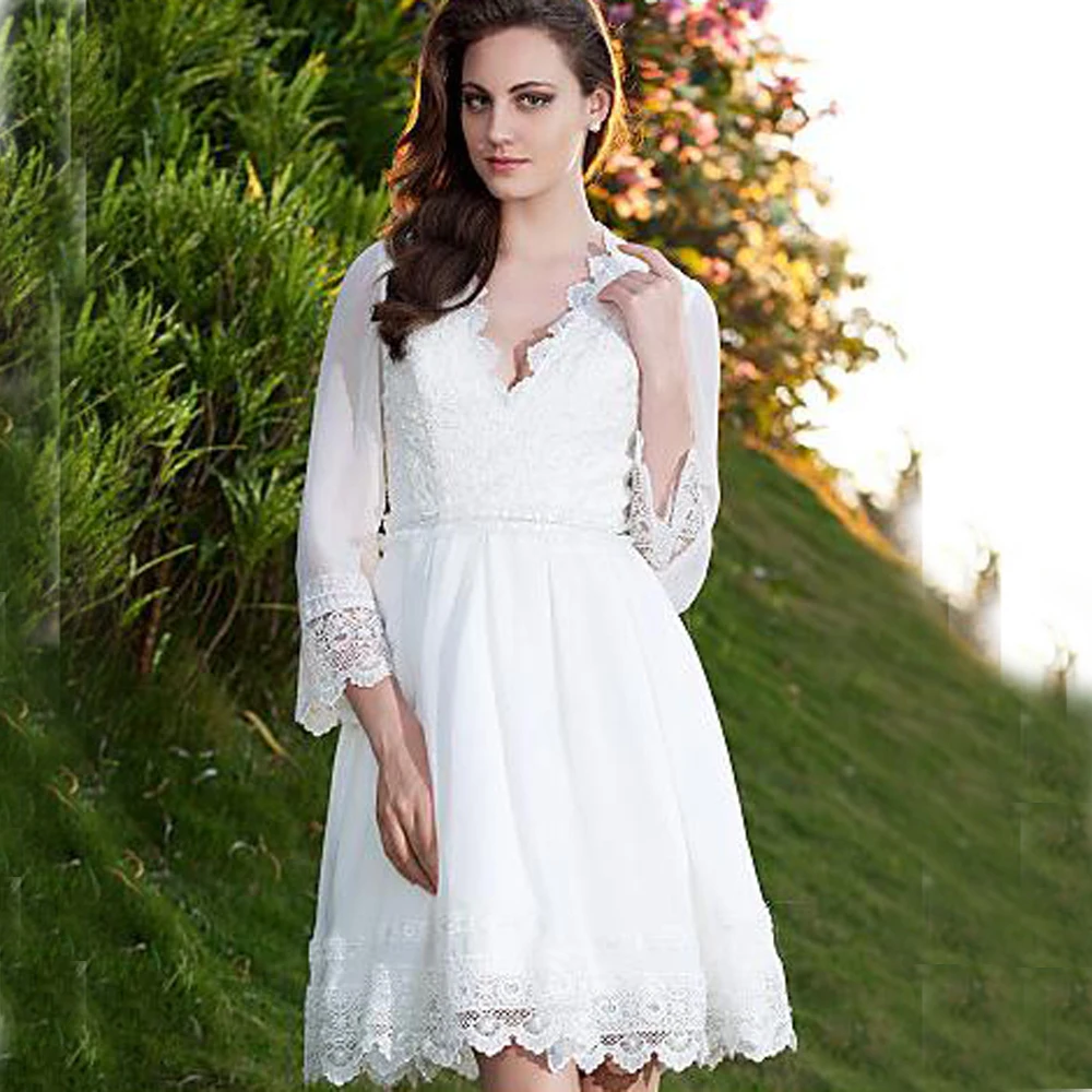 원피스 Một Dòng Ngắn Đầm Vestido De Noiva Curto Áo Dây De Mariage Ren Dài Tay Nữ Giá Rẻ Casamento Áo Dài Cô Dâu Bespoke Cưới áo