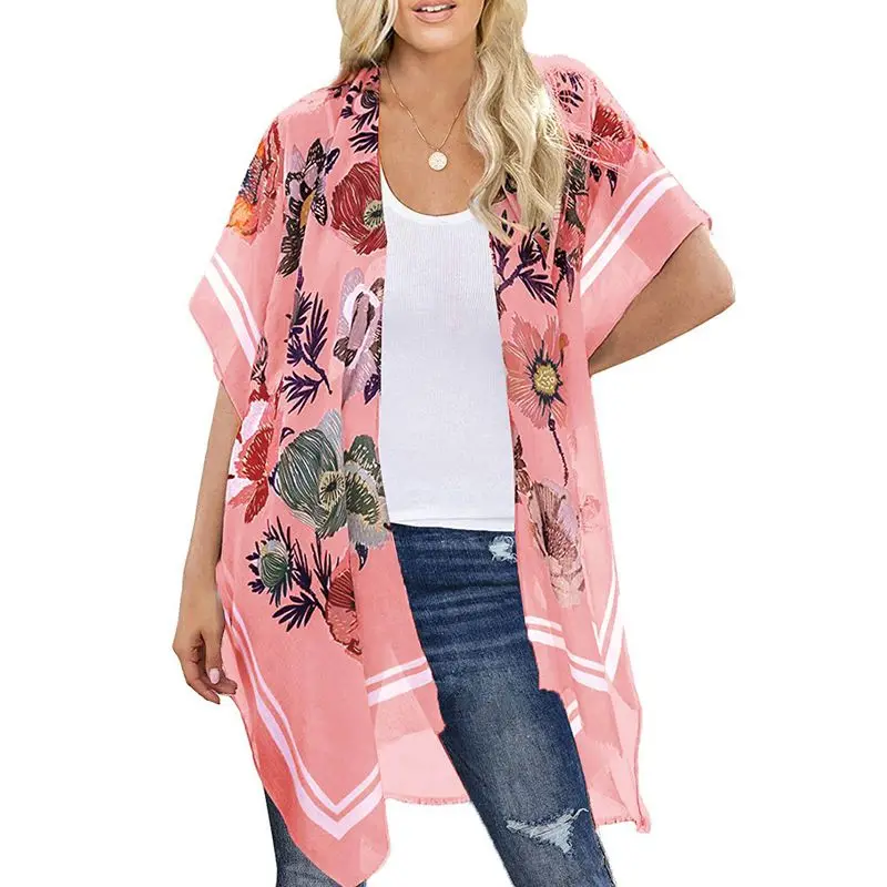 Floral Chiffon Cardigans Casual Chic Flowy Light Plus Size XXL Batwing Women Top Black White Pink Kimono Blossom Blouse CoverUps