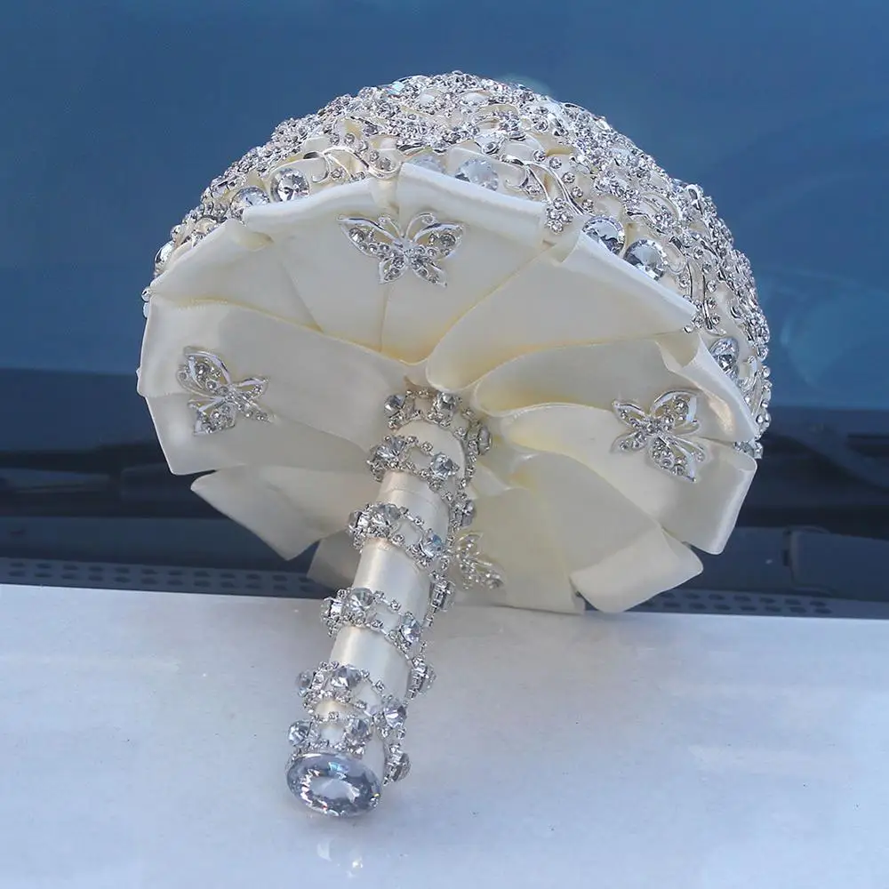 Luxurious Ivory Flowers Bridal Bouquets Buque De Noiva Handmade Silver Crystal Wedding Accessories Brooch Bouquet De Mariage