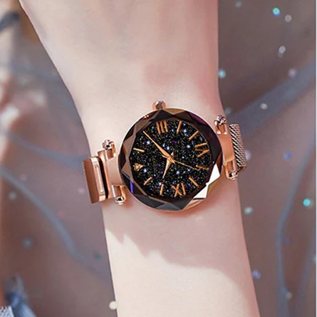 Women Starry Sky Watches Black Magnetic Mesh Band Stainless Steel Quartz Wristwatch Ladies Female Roman Number Diamond Watch